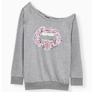 BREAST CANCER AWARENESS - SEQUIN LIPS GREY TERRY OFF SHOULDER SWEATSHIRT